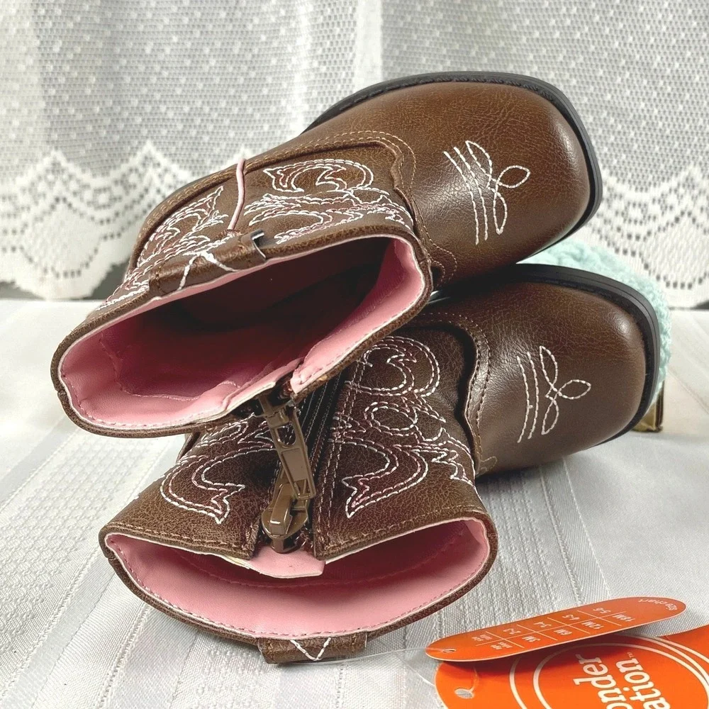 NWT Baby Girl Sz 5 Western Cowgirl Boots Pink Embroidered Stitching Faux Leather